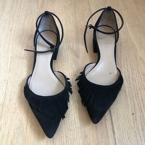 M. Gemi Shoes Womens size 35 Black Suede Fringe Pointy Toe Ankle Strap Low Heel